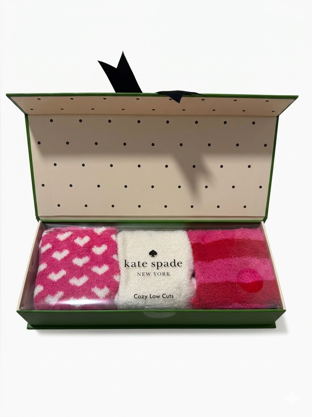 Kate Spade Cozy Low Cut Socks - Pink & White Heart and Stripe Set 3 Pairs New
